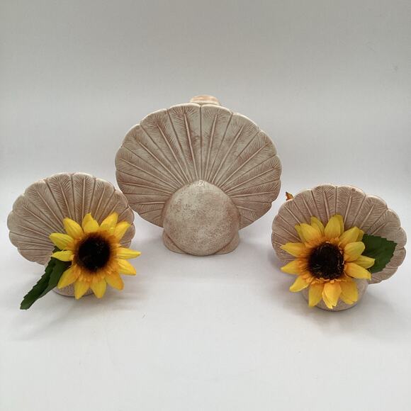 THANKSGIVING Turkey Figurines with Pumpkins and Fall Leaves Set of Three Vintage - Picture 3 of 5